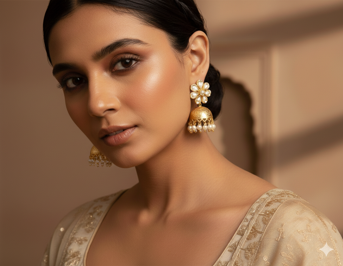 Woman wearing gold earrings against a neutral background