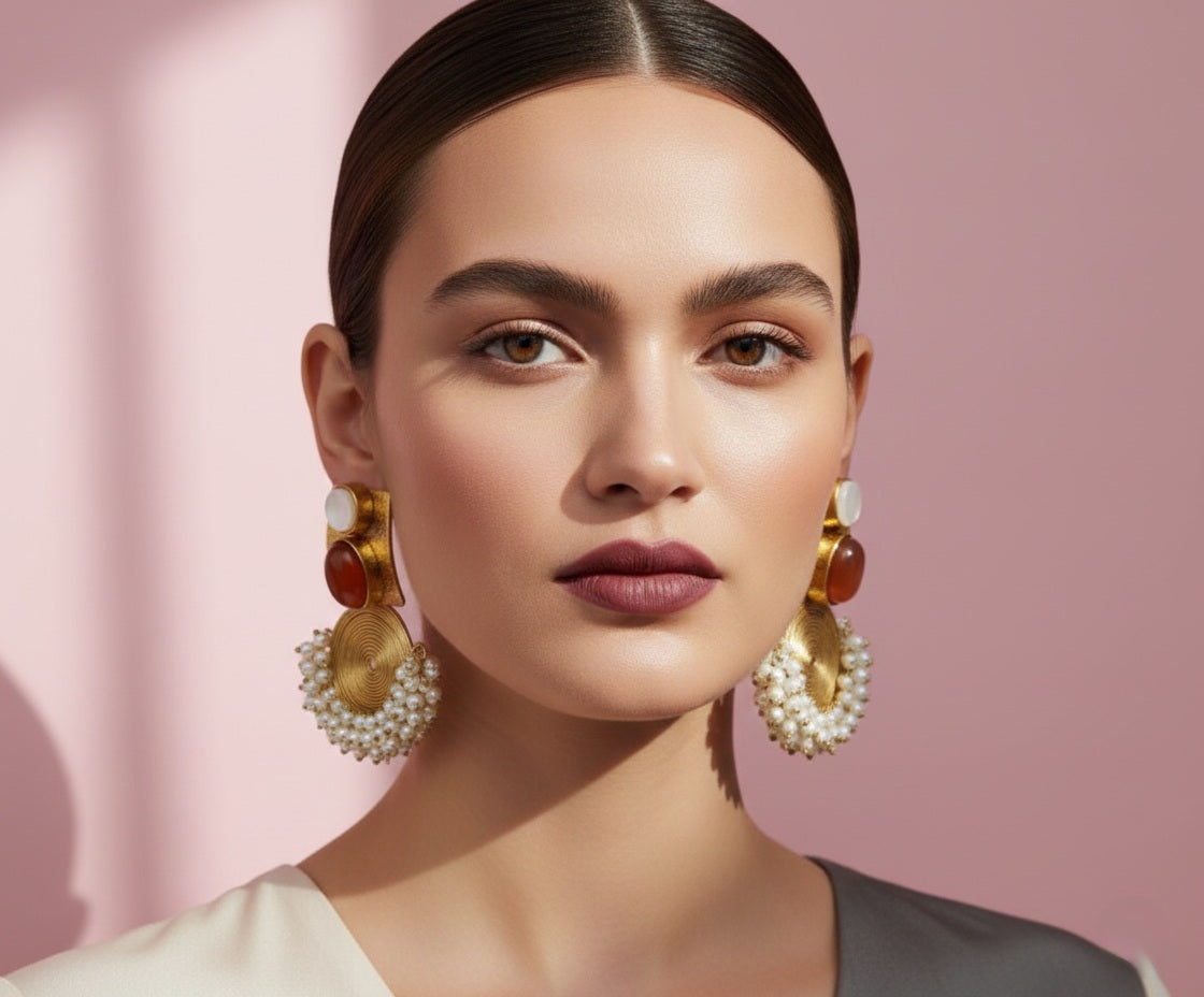 Woman wearing large, ornate earrings against a pink background