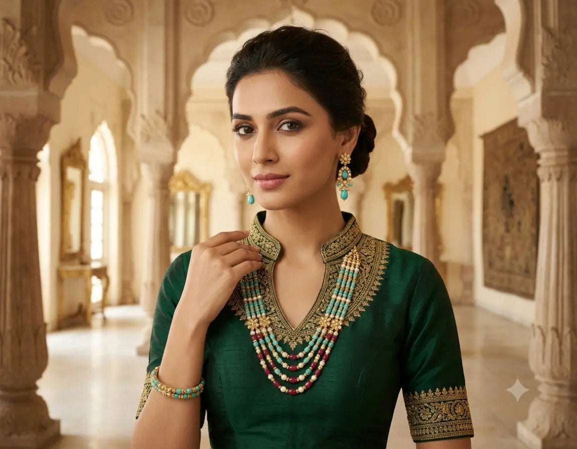 Woman wearing traditional jewelry in an ornate architectural setting