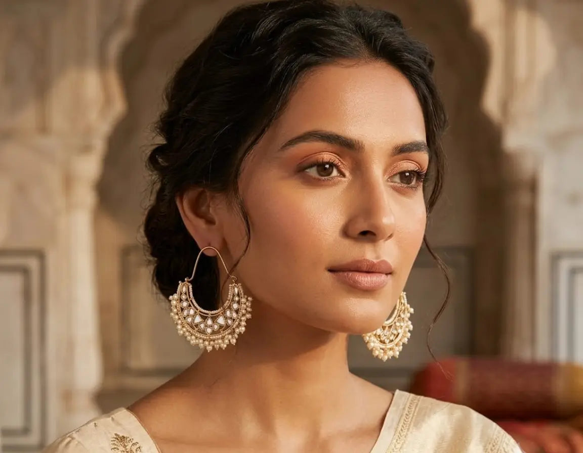 Woman wearing large, ornate earrings with a warm-toned background