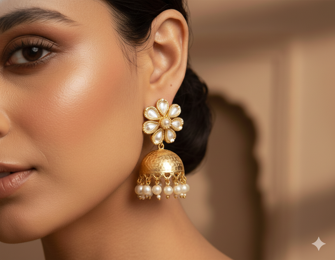Close-up of a woman wearing gold earrings with pearl drops against a blurred background