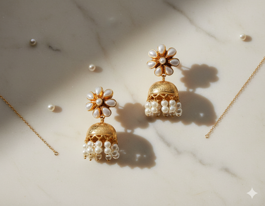 Gold and pearl earrings on a marble surface