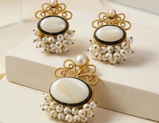Classic pearl jewelry set with matching pendant and earrings for weddings and parties.